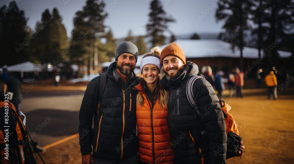 Three smiling friends pose together during a hiking trip in a forest setting, wearing warm outdoor gear Three smiling friends pose together during a hiking trip in a forest setting, wearing warm outdoor gear