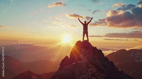 Person Triumphantly Stands Atop Mountain