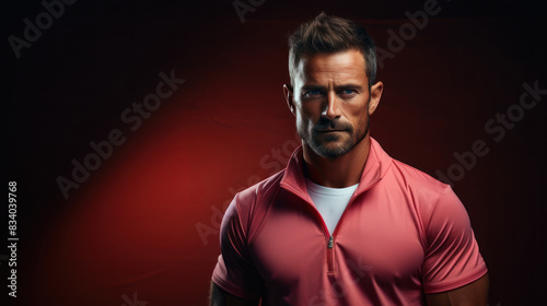 A fit man poses confidently against a vibrant red background, showcasing physical fitness