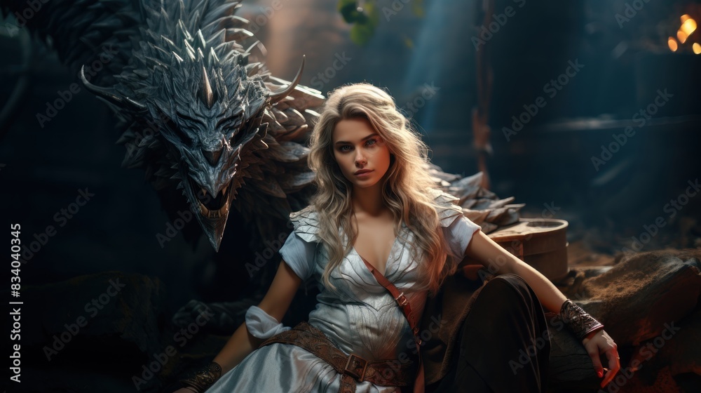 Fototapeta premium A woman in medieval attire is portrayed alongside a mythical dragon in an imaginative, fantasy setting