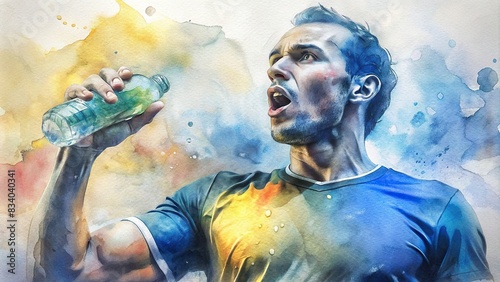 Close-up of a sweaty Gatorade bottle in the hand of a Brazilian soccer player, with a watercolor filter effect , sports, hydration, drink, refreshment, bottle, sweat, sports drink, close-up photo