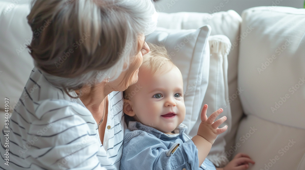 Smiling Grandmother Holding Toddler Boy in Living Room, Sharing Moments of Happiness and Love Smiling Grandmother Holding Toddler Boy in Living Room, Sharing Moments of Happiness and Love