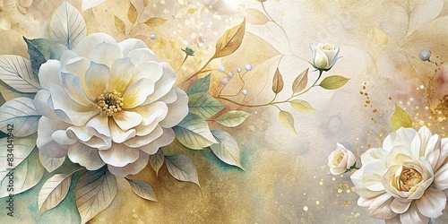abstract background featuring white paper flowers and golden leaves, creating a floral botanical wallpaper with watercolor elements , , abstract, background, white, paper, flowers, golden