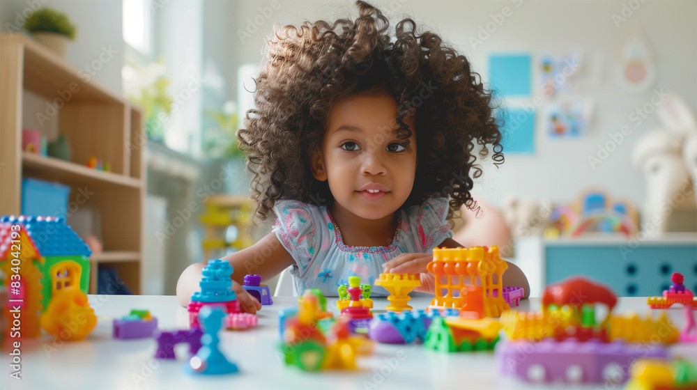 Preschooler African American Girl Playing with Colorful Blocks, Black Child Engaged in Educational Fun at Kindergarten. Cognitive Development, Motor Skills Training.