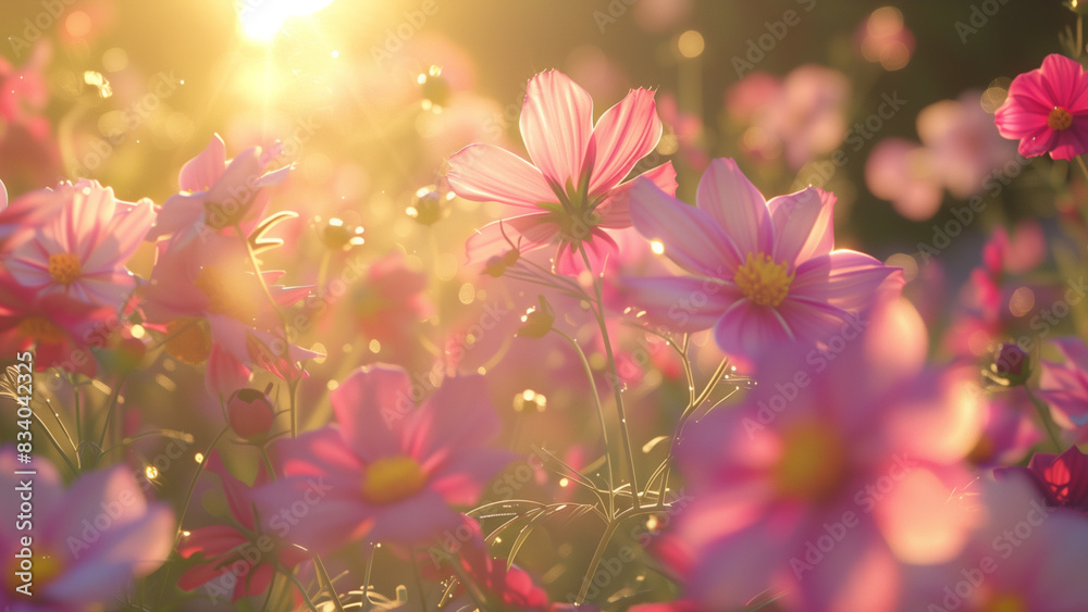 close up view of cosmos flowers under soft sun light, pink flower in the meadow, vibrant close up view of cosmos flowers under soft sun light, pink flower in the meadow, vibrant