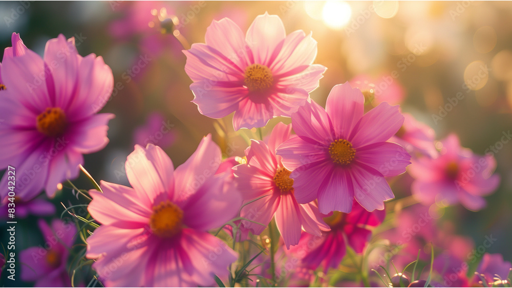 close up view of cosmos flowers in the meadow under soft sun light, pink flower in the meadow, vibrant close up view of cosmos flowers in the meadow under soft sun light, pink flower in the meadow, vibrant