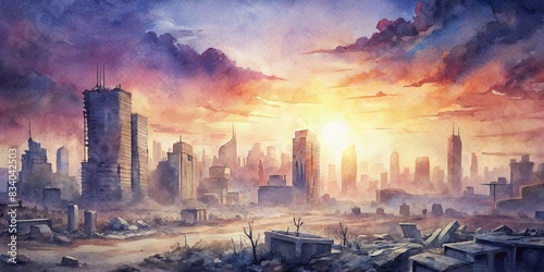 Vast post-apocalyptic city skyline sunset silhouette with premium pen tool cutout, tall buildings, skyscrapers, debris, destruction, wide panoramic angle watercolor , post-apocalyptic