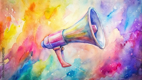 Vibrant watercolor of a megaphone on color background, watercolor,megaphone, vibrant, colorful, communication, announcement, loud, symbols, graphic design, marketing, advertising, promotion © artsakon