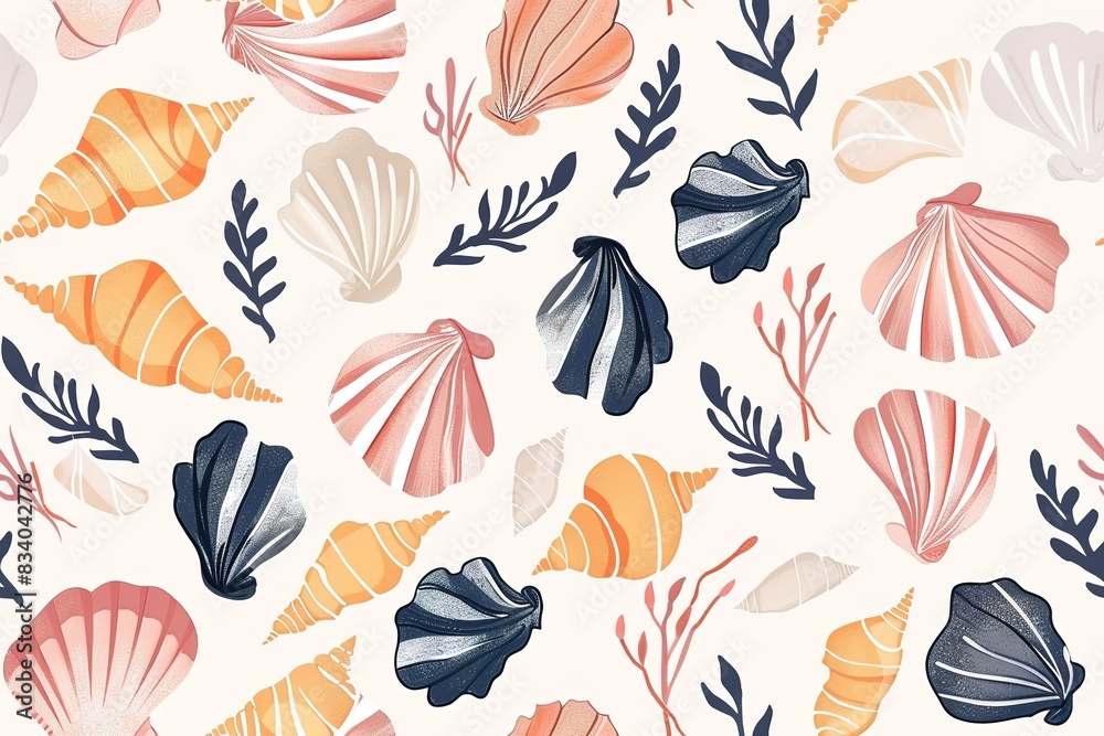 Whimsical sea shells and algae on soft background Whimsical sea shells and algae on soft background