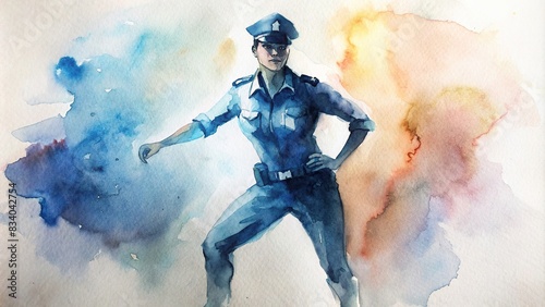 Silhouette of a female police officer in a dynamic stance  painted in watercolor   law enforcement  diversity  empowerment  silhouette  strong  uniform  authority  protection  public safety