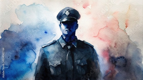 Silhouette of a police officer in black icon on a white background, watercolor style , law enforcement, cop, officer, badge, authority, protection, security, crime, uniform, justice, force photo