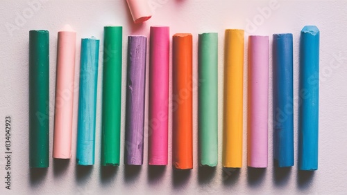 a collection of colorful chalk sticks arranged neatly on a white background