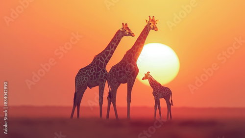 two giraffes and giraffe baby stand in the savannah against the backdrop of the orange sun at sunset --ar 16 9 Job ID  67c07e51-479d-47e7-9cbc-2d4f9da2c724
