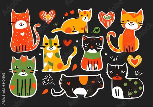 Bright cute funny characters with hearts. A big set of risoprint style stickers with cats. Illustration Isolated on a black background.