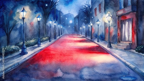 Red carpet in the street at night with lights, watercolor painting, red carpet, street, night, lights, glamorous, elegant, VIP, event, classy, luxury, city, urban, decoration, colorful