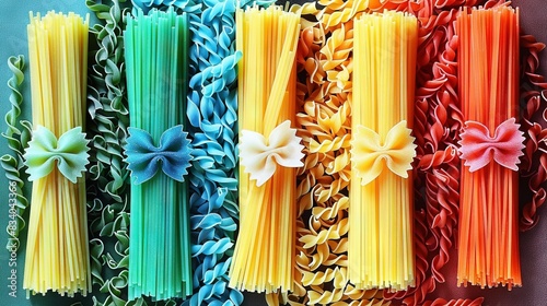   A rainbow of pasta sticks, adorned with bows, forms a neat line photo