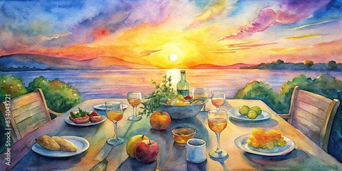 Sunset dinner table with food and drinks, captured in a joyous watercolor painting , friends, sunset, dinner, laughter, connection, sunset, food, drinks, joy, happiness, gathering, table photo