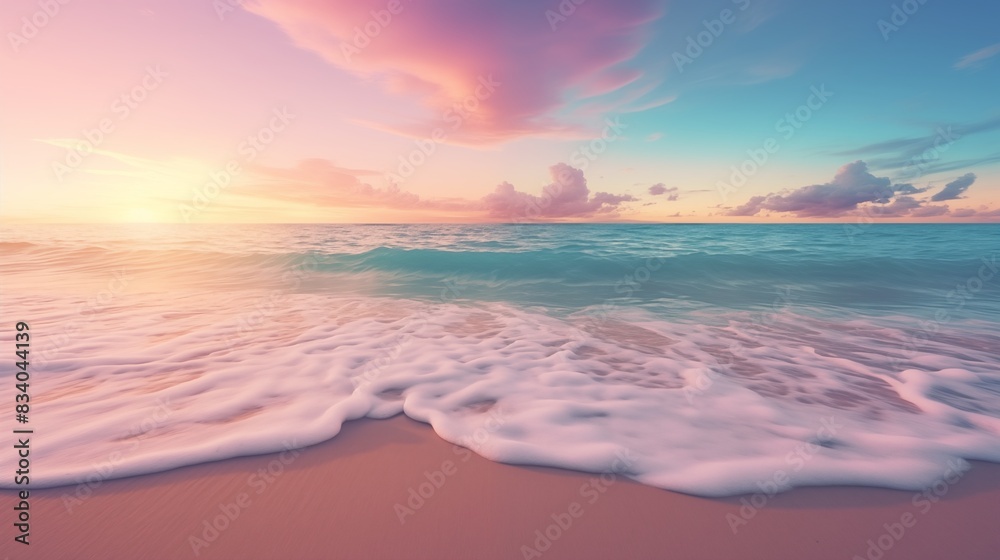Serene Pastel Sunset Over a Tranquil Beach with Gentle Waves Serene Pastel Sunset Over a Tranquil Beach with Gentle Waves
