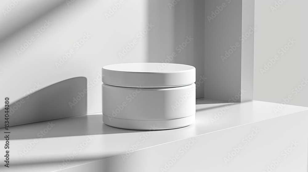 A white jar sits on a white shelf A white jar sits on a white shelf