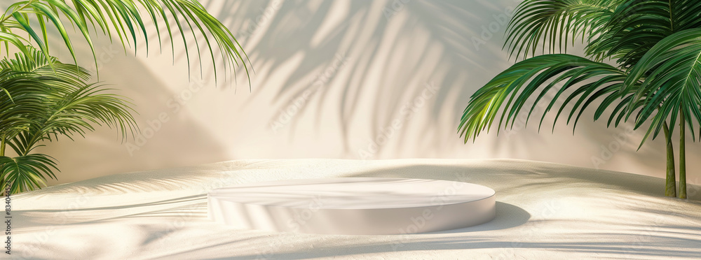 3D render tropical beach background with podium for product display presentation. Summer scene with ocean, palm leaves and sunlight shadows on sand