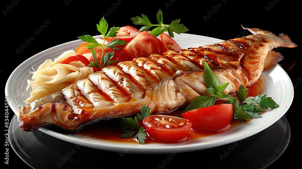 Close-up of food on a black plate with meat and vegetables Close-up of food on a black plate with meat and vegetables