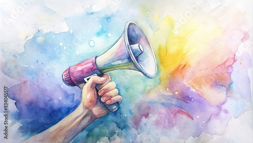 Hand holding megaphone with impactful communication, amplifying messages in watercolor style , communication, megaphone, hand, impact, message, amplify, watercolor, art,announcement, loud photo