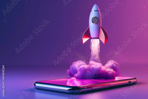 Rocket Launch from Mobile Phone Screen on Purple Background
