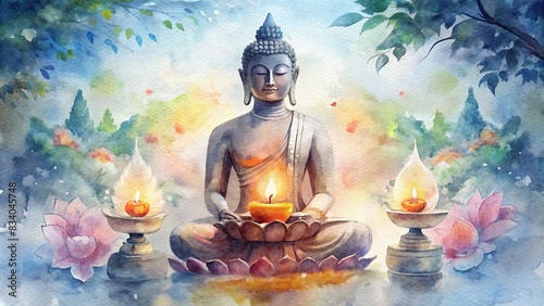 Tranquil and serene watercolor painting of Lord Buddha's statue surrounded by candle-lit tranquility and floral beauty on Vesak Day , Buddhism, enlightenment, spiritual journey, peace