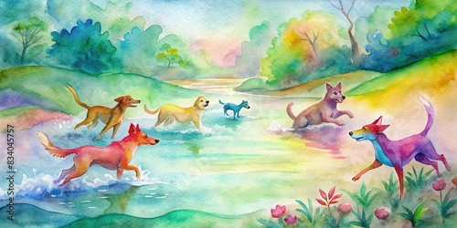 Watercolor of a spring pet-friendly run with vibrant colors and pets playing in the water, spring, pet-friendly, run, watercolor,vibrant, colors, pets, playing, water, outdoors, park photo