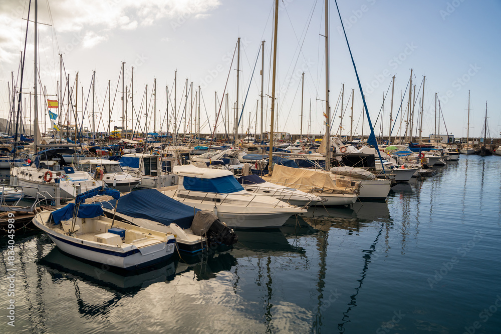 Motor boats docked in Puerto de Mogan, a small fishing port on island Gran Canaria, Spain