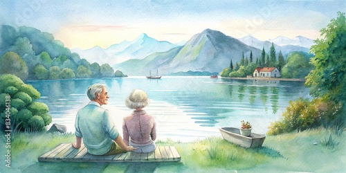 Retired couple enjoying their leisure time together by the lake, retirement, elderly, watercolor, relaxation, outdoors, peaceful, serene, tranquil, retirement lifestyle, nature, lake