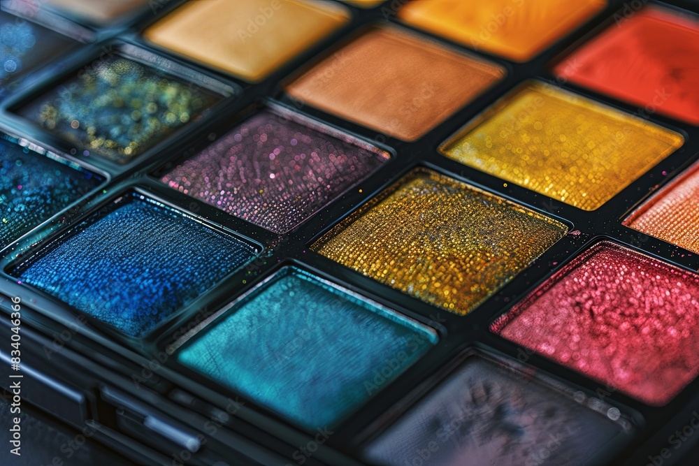 An up-close view of a colorful palette of eyeshades showcasing a variety of bright hues and textures. Generative AI An up-close view of a colorful palette of eyeshades showcasing a variety of bright hues and textures. Generative AI