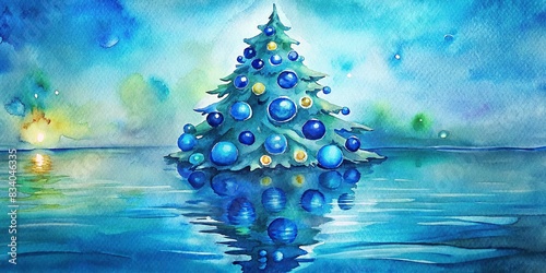 Vibrant Christmas tree reflecting in brilliant blue liquid, sparkling ornaments like jewels , Christmas, tree, festive, lights, reflection, blue, liquid, ornaments, jewels, watercolor