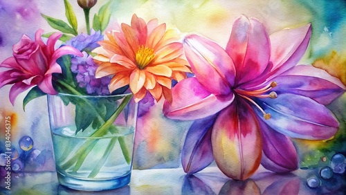 Close-up of vibrant flowers including a pink daisy in a glass vase and purple lilies floating in watercolor , colorful, flowers, close-up, pink daisy, glass vase, purple, lilies, water photo
