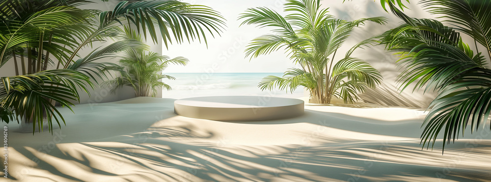 3D render tropical beach background with podium for product display presentation. Summer scene with ocean, palm leaves and sunlight shadows on sand 3D render tropical beach background with podium for product display presentation. Summer scene with ocean, palm leaves and sunlight shadows on sand