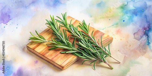 Fresh rosemary sprigs on a wooden board isolated on a background watercolor, fresh, rosemary, herb, wooden board, isolated, background, watercolor, kitchen, cooking, culinary, aromatic photo