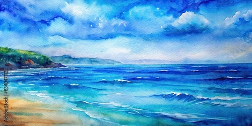 A detailed watercolor painting of a serene ocean view with vibrant blue hues and soft brush strokes  watercolor  ocean  sea  waves  beach  tranquil  peaceful  nature  artwork  painting