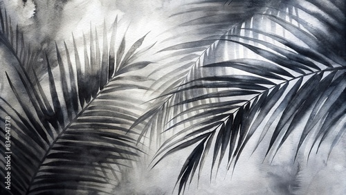 Abstract background of shadows palm leaf on a white wall with black and white watercolor , nature, tropical, minimalist, decoration, sunlight, abstract, texture, artistic, monochrome