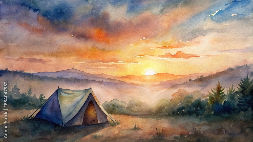Watercolor painting of a serene sunset over a lone tent camping in the wild outdoors , sunset, watercolor, tent, camping, outdoors, wilderness, nature, solitude, peaceful, tranquil, calm