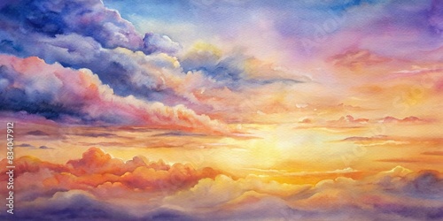 Watercolor background of a vibrant sunset sky with puffy clouds , sunset, sky, watercolor, background, colorful, clouds, texture, sunrise, abstract,easter, vibrant photo