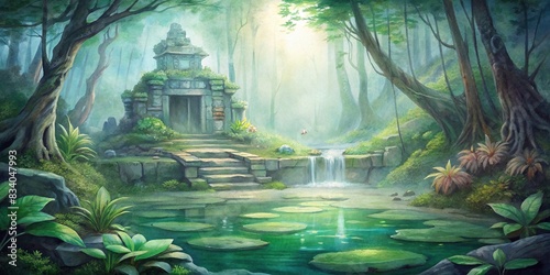 Mysterious jungle with ancient forest temple  moss-covered stone walls  lotus pond  and ethereal glow permeating all watercolor   jungle  temple  ancient  moss  stone walls  lotus pond