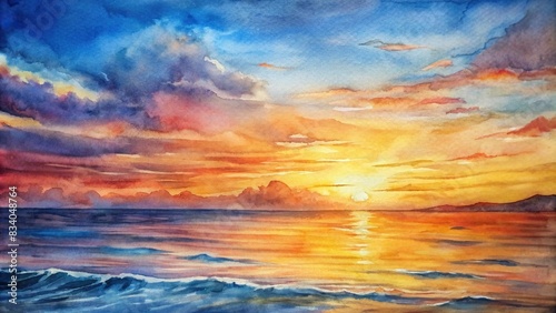 Watercolor painting of a beautiful sunset on the sea   watercolor  painting  sunset  sea  ocean  colorful  sky  waves  horizon  reflection  serene  calm  tranquil  nature  landscape  art  beach