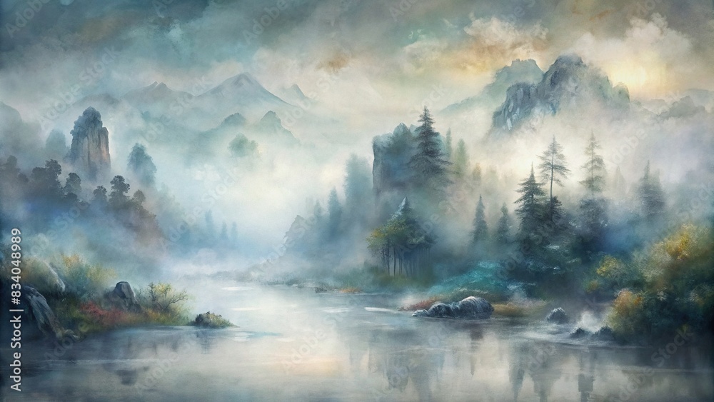 Abstract digital watercolor painting of a landscape with fog , misty, dreamy, serene, tranquil, ethereal, scenic, nature, artwork, watercolor, painting, abstract, digital, background, fog