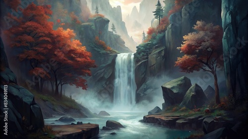 Dark and eerie waterfall in the mountains surrounded by shadowy rocks and autumn foliage , horror, fear, landscape, mountains, shadows, watercolor, waterfall, autumn, dark, rocks, eerie © artsakon