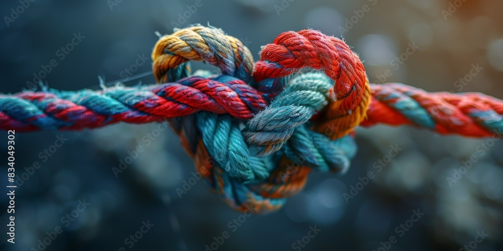 Colorful rope twisted into a heart-shaped knot on a light surface Colorful rope twisted into a heart-shaped knot on a light surface