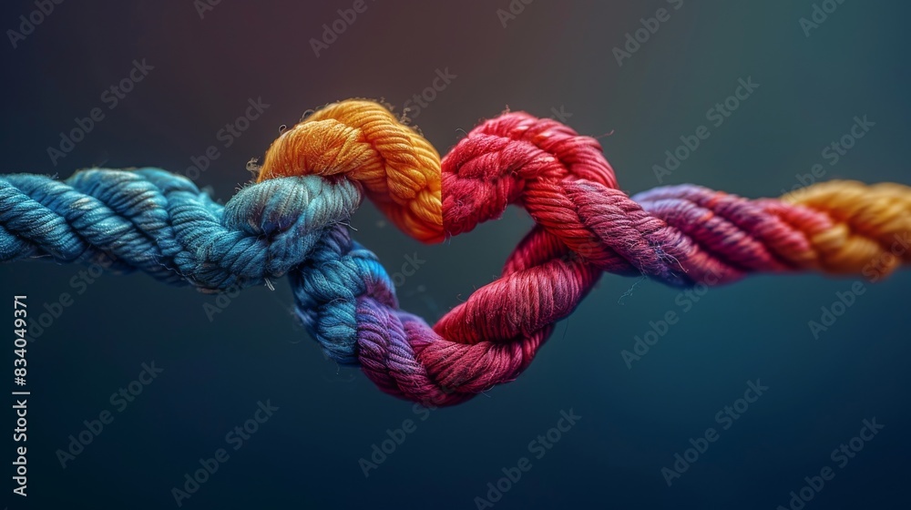 Colorful rope twisted into a heart-shaped knot on a light surface Colorful rope twisted into a heart-shaped knot on a light surface