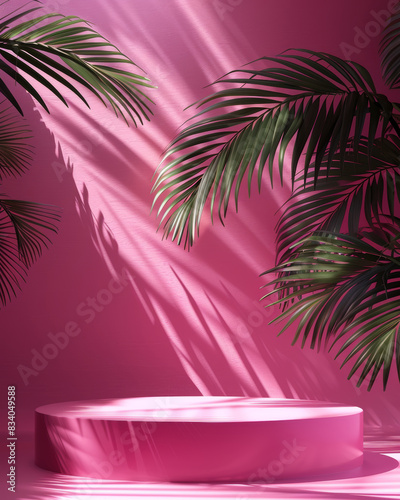  pink podium on minimalistic pink background  useful for product placement  lights shadows of palm leaves 