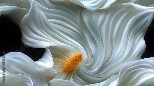   Close-up of a white flower with a yellow stamen in its center against a dark background