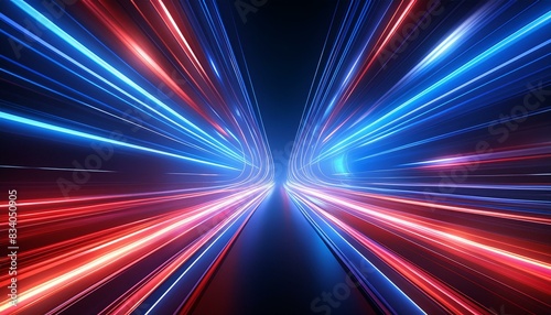 High speed light motion trails futuristic wallpaper blur light glowing effect in blue and red light streaks on dark background