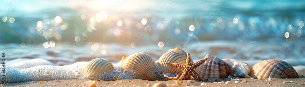 long banner of seashells on seashore beach, holiday background long banner of seashells on seashore beach, holiday background